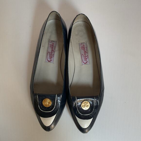 Pappagallo Flats Vintage Navy Blue Leather8.5M Made in Spain Gold Anchor Loafer - Picture 1 of 14